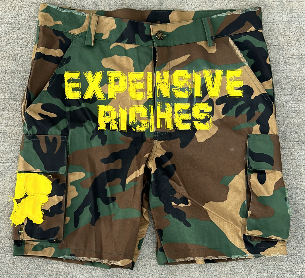 “EXPENSIVE RICHES” CAMO CARGO SHORTS