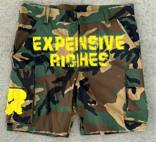 “EXPENSIVE RICHES” CAMO CARGO SHORTS